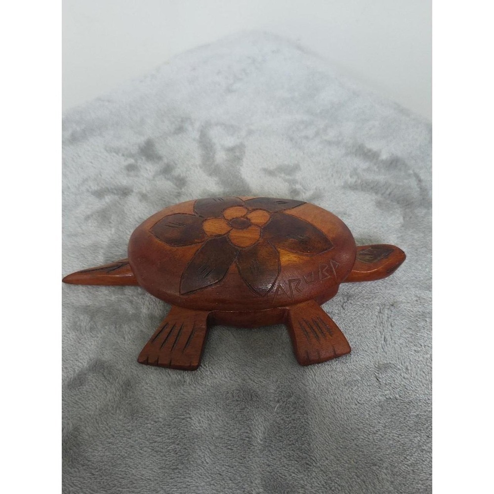 Vintage Wooden Hand Carved Aruba Turtle 2 Piece Trinket Box